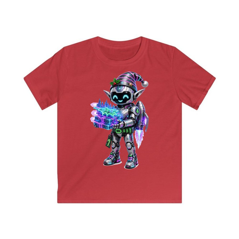 Robot Elf Delivery Run personalised kids Christmas tee in red