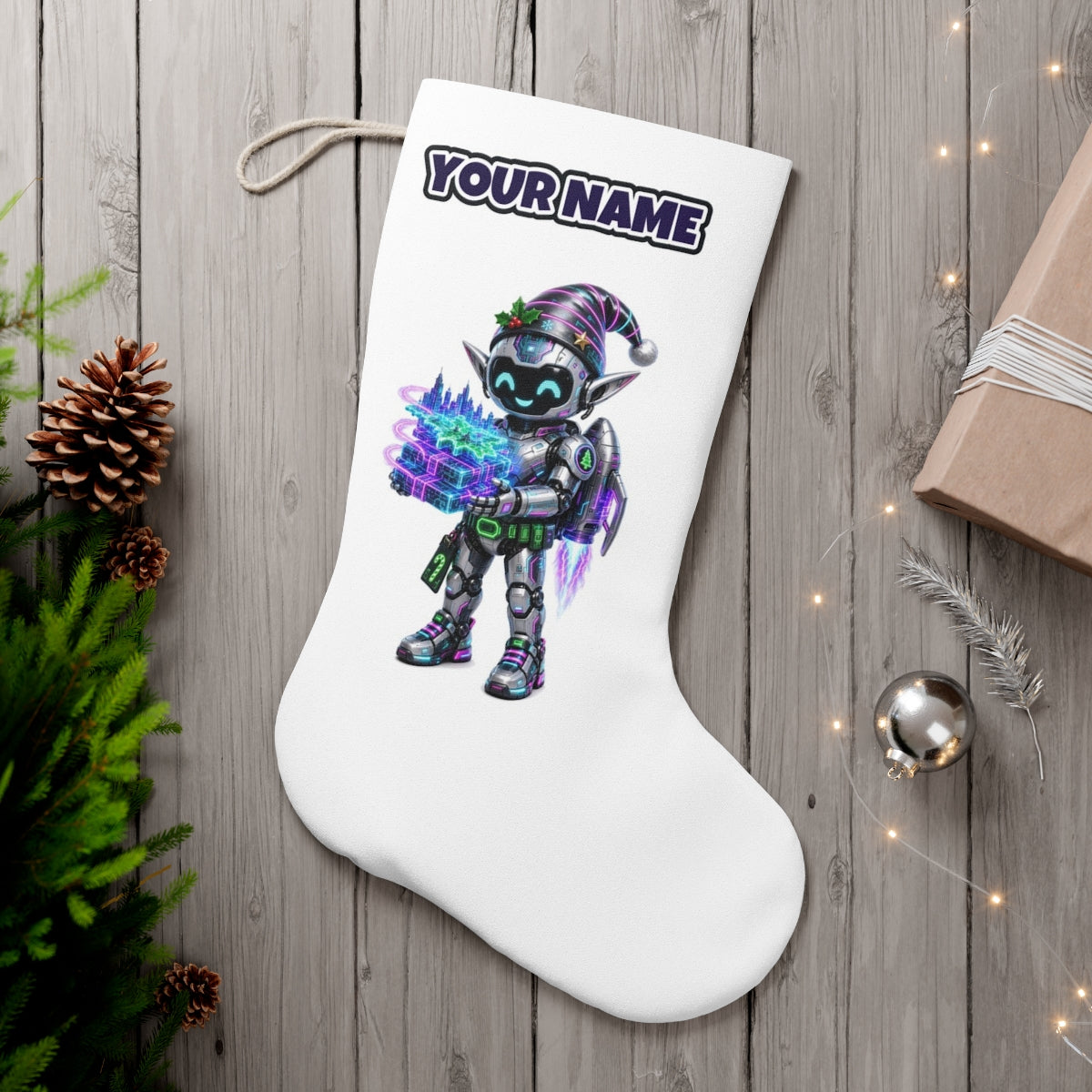 Robot Elf Delivery Run personalised Christmas stocking, white, with the name across the top