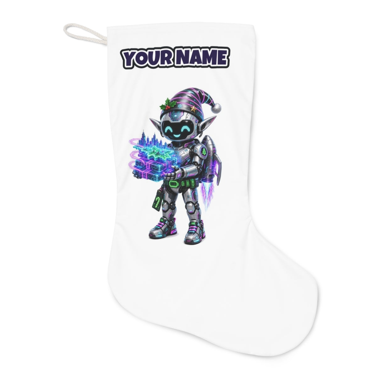 Robot Elf Delivery Run Christmas stocking laid flat, showing the full print