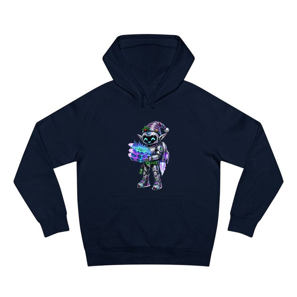 Robot Elf Delivery Run personalised Christmas hoodie in navy