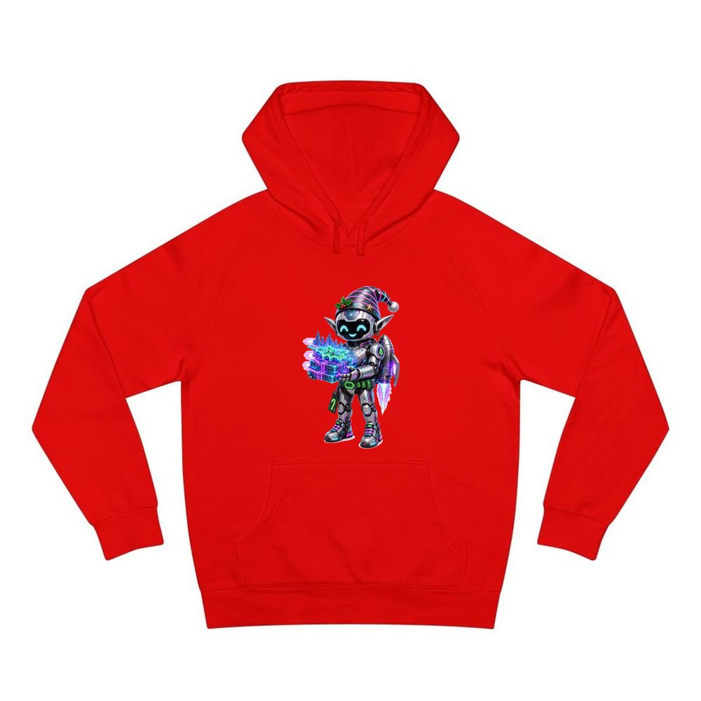 Robot Elf Delivery Run personalised Christmas hoodie in red