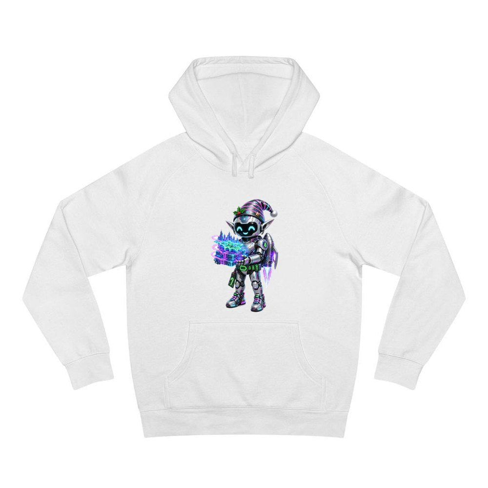 Robot Elf Delivery Run personalised Christmas hoodie in white