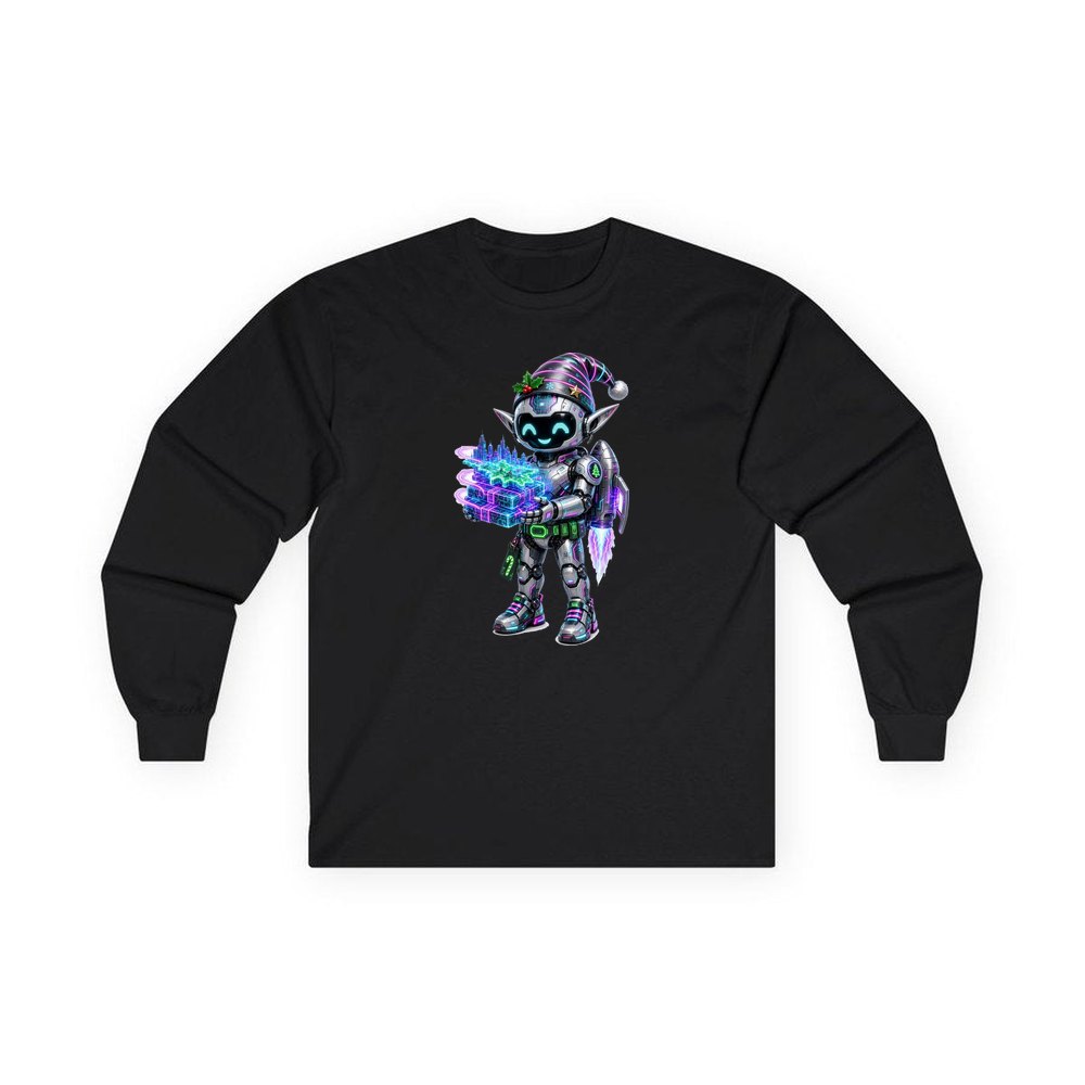 Robot Elf Delivery Run personalised long sleeve Christmas T-shirt in black