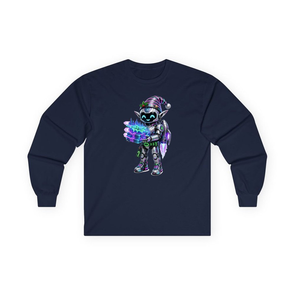 Robot Elf Delivery Run personalised long sleeve Christmas T-shirt in navy
