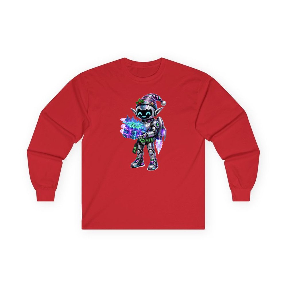Robot Elf Delivery Run personalised long sleeve Christmas T-shirt in red