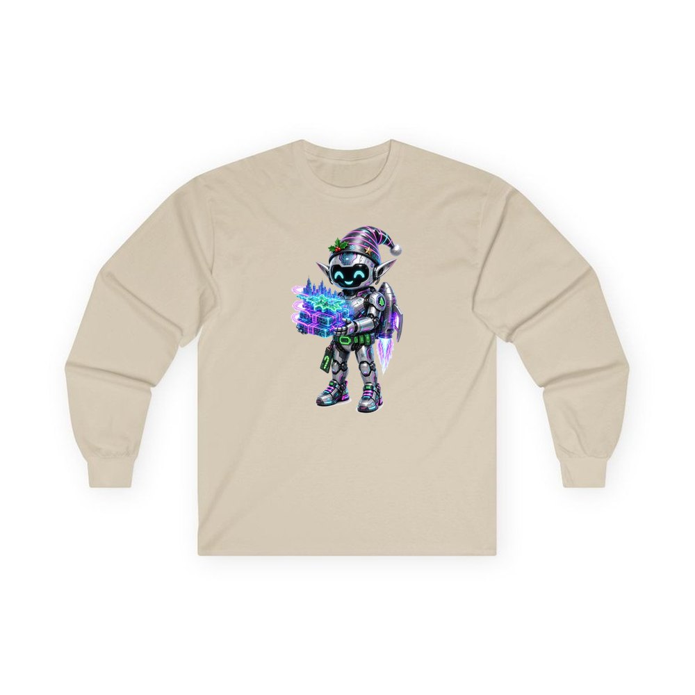 Robot Elf Delivery Run personalised long sleeve Christmas T-shirt in sand
