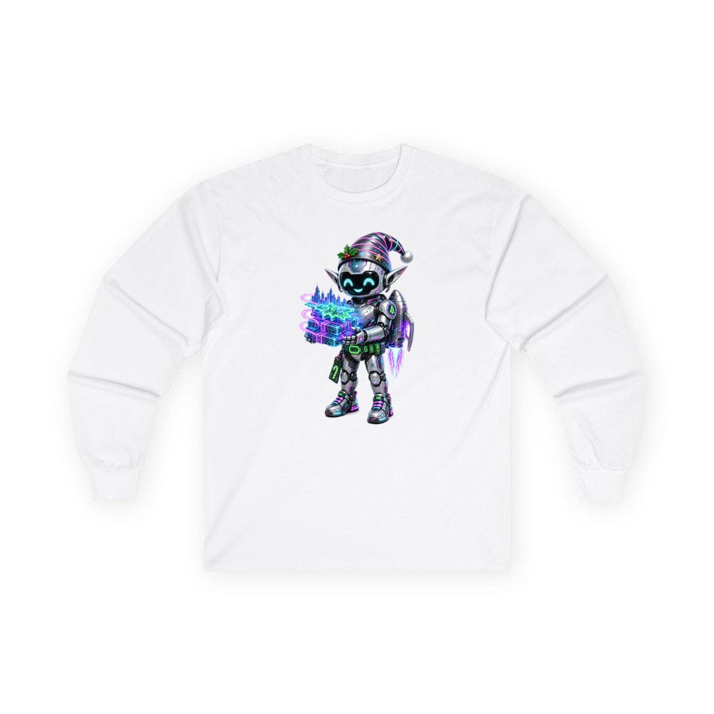 Robot Elf Delivery Run personalised long sleeve Christmas T-shirt in white