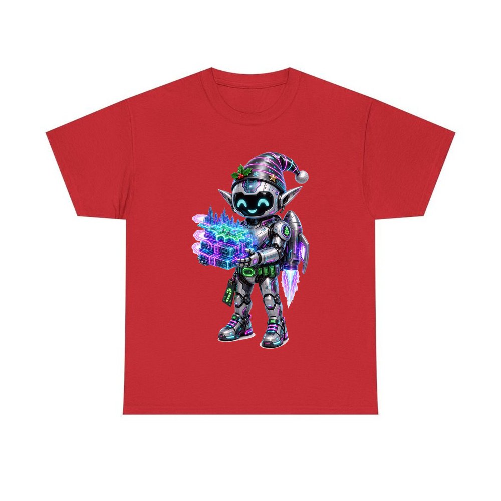Robot Elf Delivery Run personalised Christmas T-shirt in red