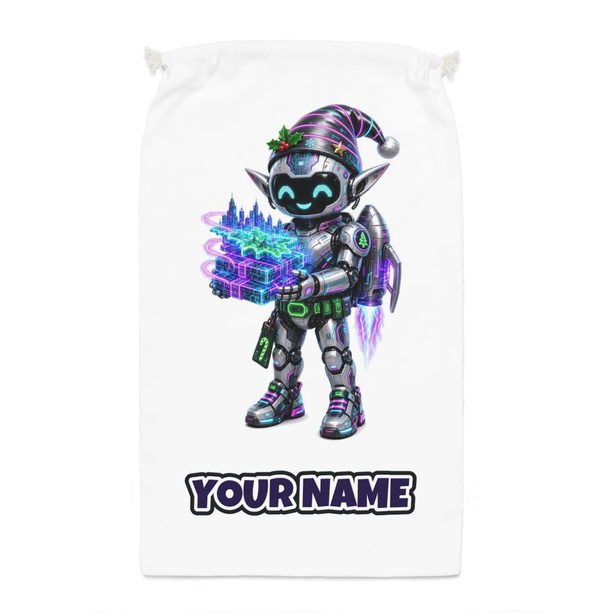 Robot Elf Delivery Run Santa sack laid flat, showing the full print