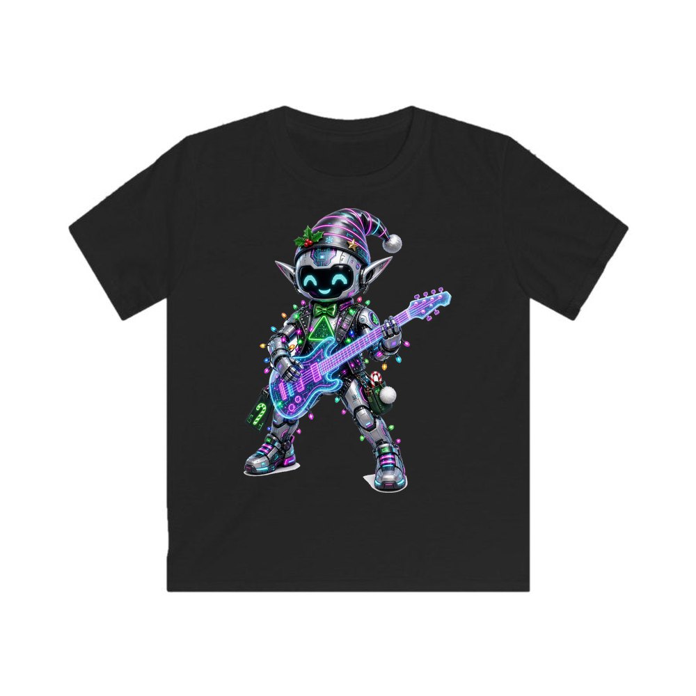 Robot Elf on Guitar personalised kids Christmas tee in black