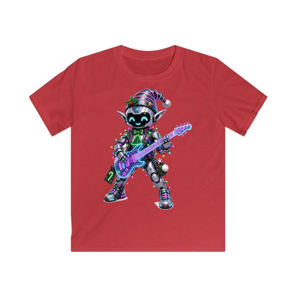 Robot Elf on Guitar personalised kids Christmas tee in red