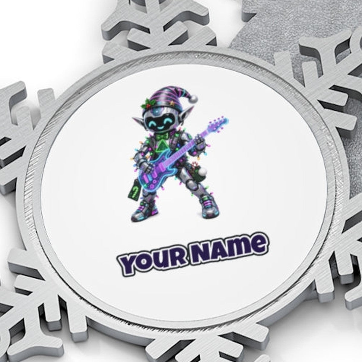 Robot Elf on Guitar Personalised Pewter Christmas Ornament