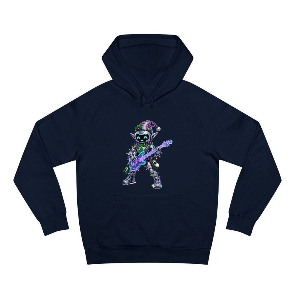 Robot Elf on Guitar personalised Christmas hoodie in navy