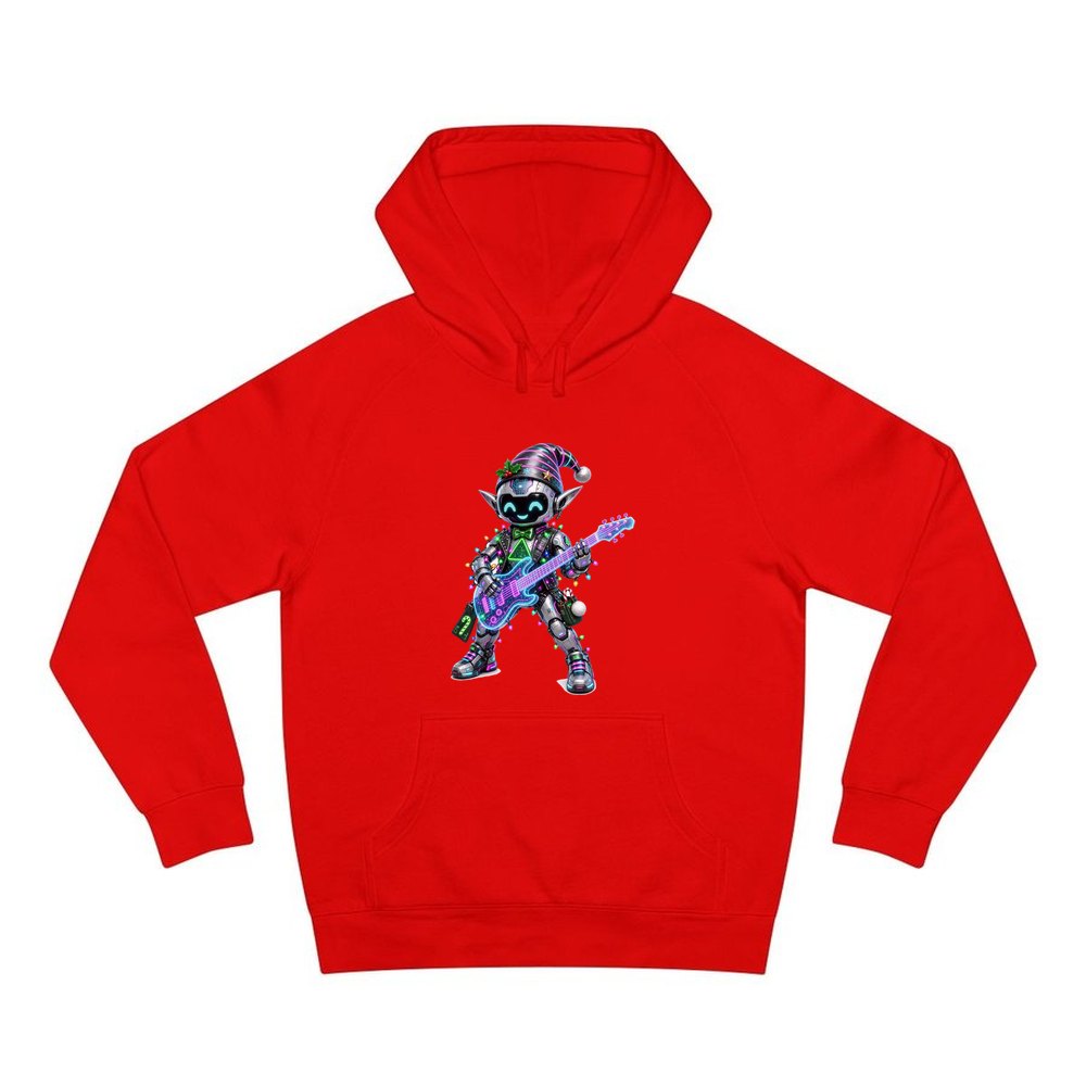 Robot Elf on Guitar personalised Christmas hoodie in red