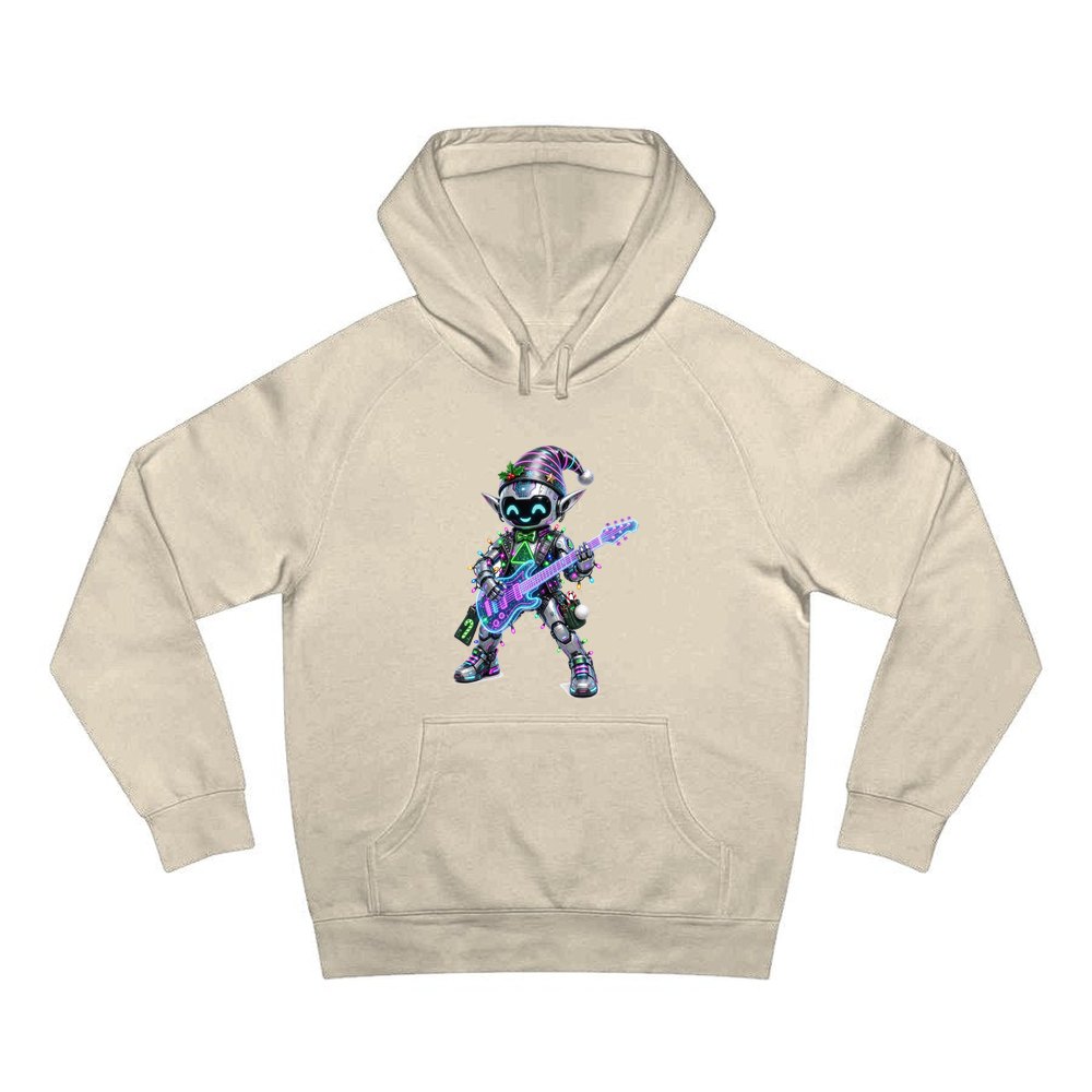 Robot Elf on Guitar personalised Christmas hoodie in sand