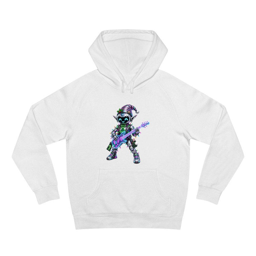 Robot Elf on Guitar personalised Christmas hoodie in white