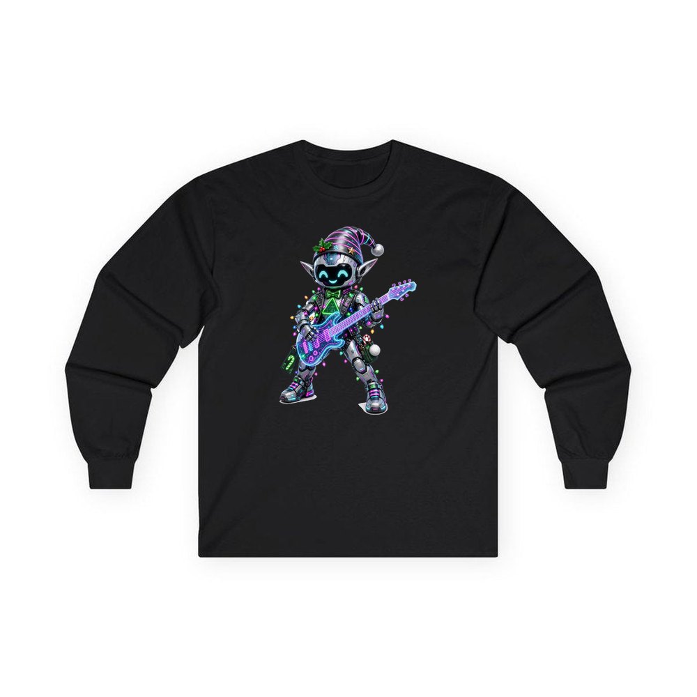 Robot Elf on Guitar personalised long sleeve Christmas T-shirt in black