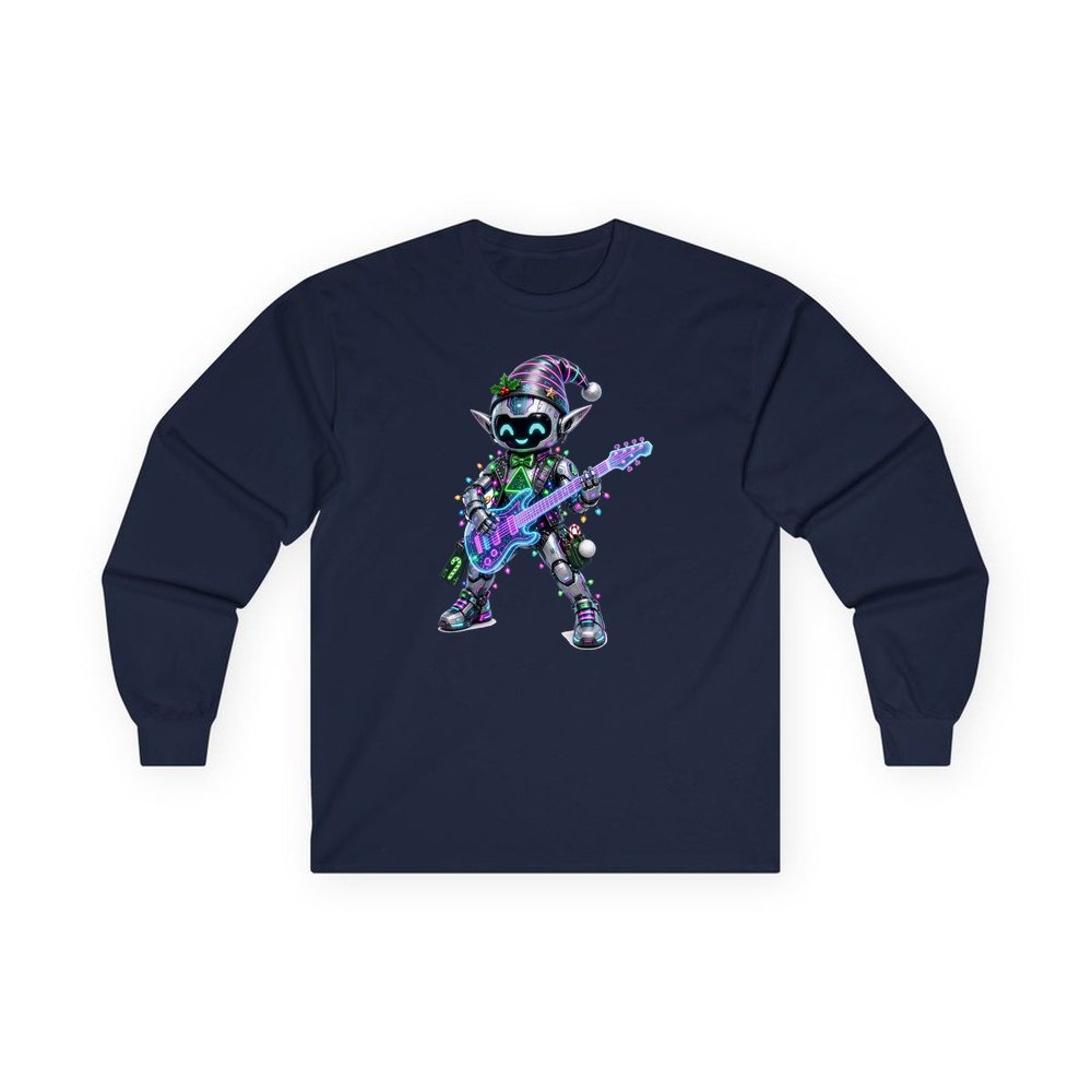 Robot Elf on Guitar personalised long sleeve Christmas T-shirt in navy
