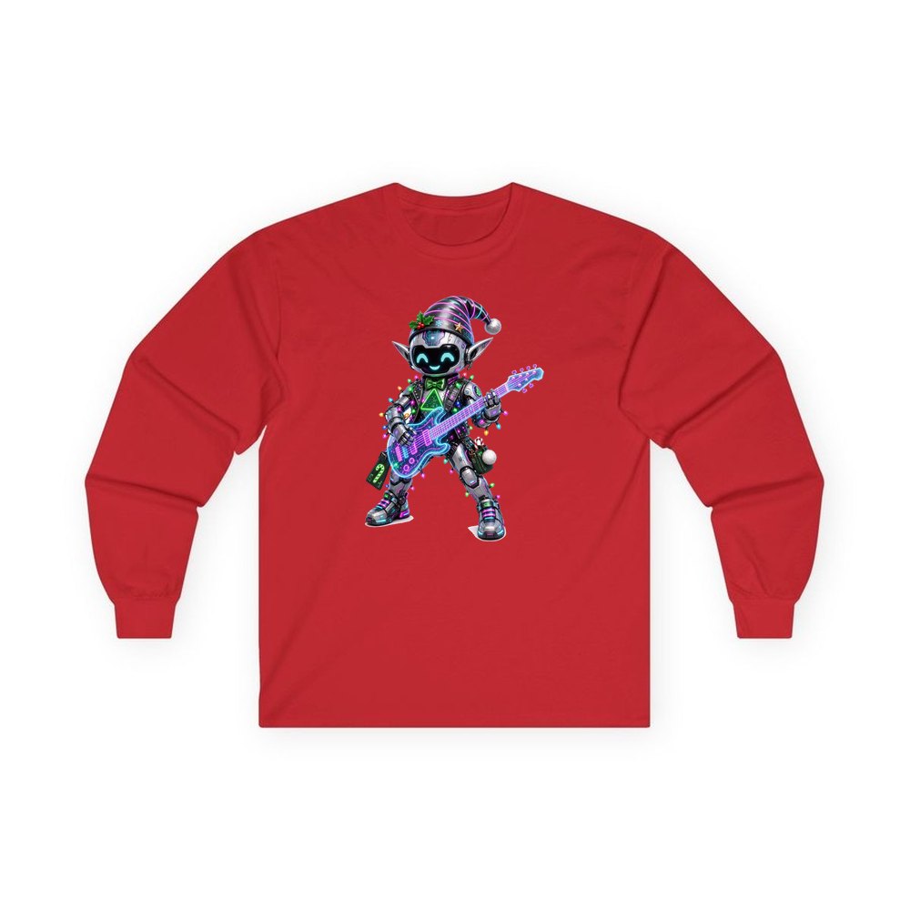 Robot Elf on Guitar personalised long sleeve Christmas T-shirt in red