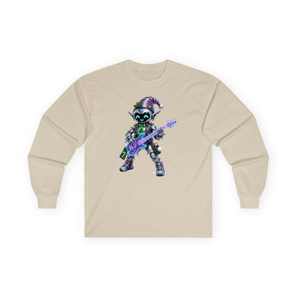 Robot Elf on Guitar personalised long sleeve Christmas T-shirt in sand