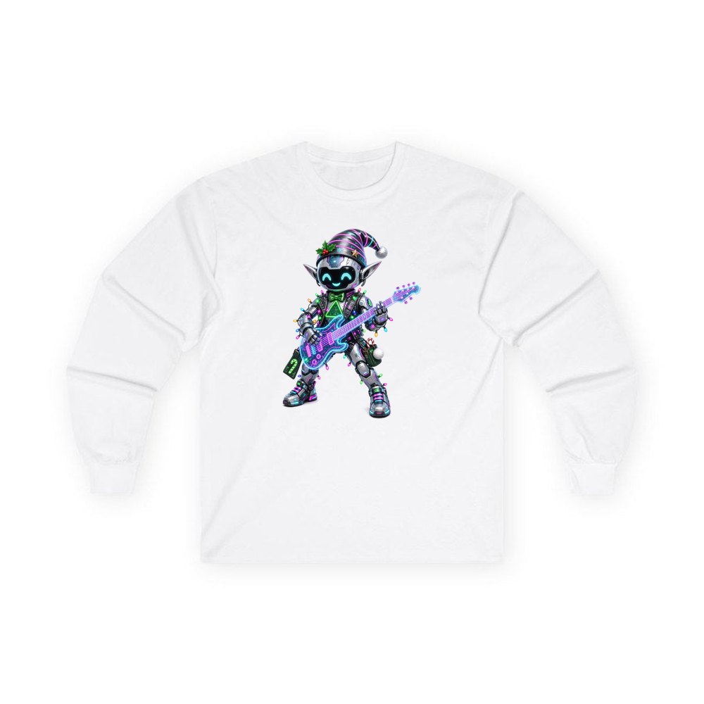 Robot Elf on Guitar personalised long sleeve Christmas T-shirt in white
