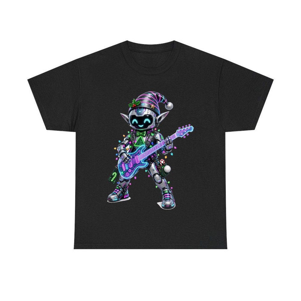 Robot Elf on Guitar personalised Christmas T-shirt in black