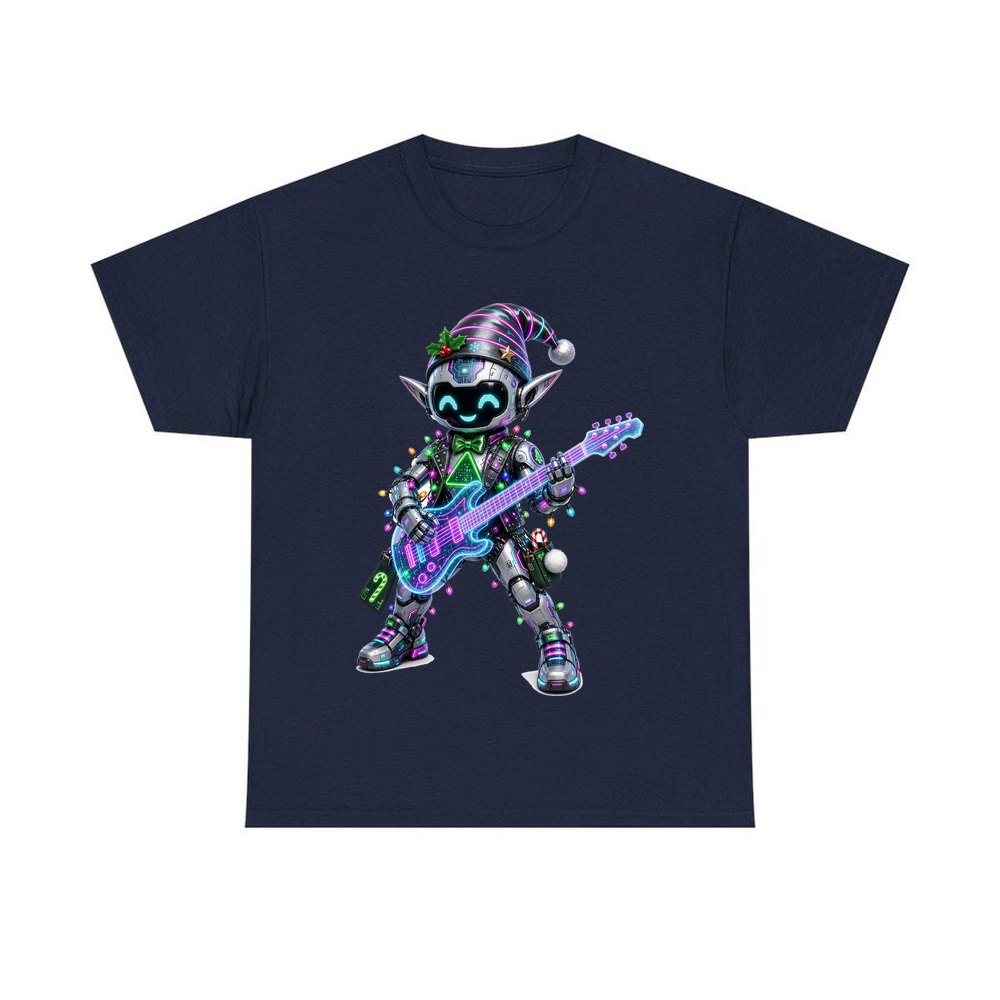 Robot Elf on Guitar personalised Christmas T-shirt in navy