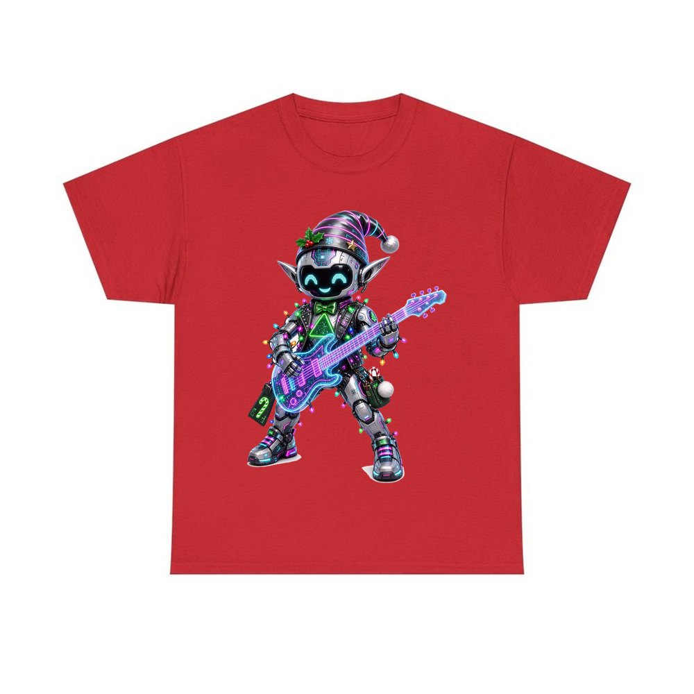 Robot Elf on Guitar personalised Christmas T-shirt in red
