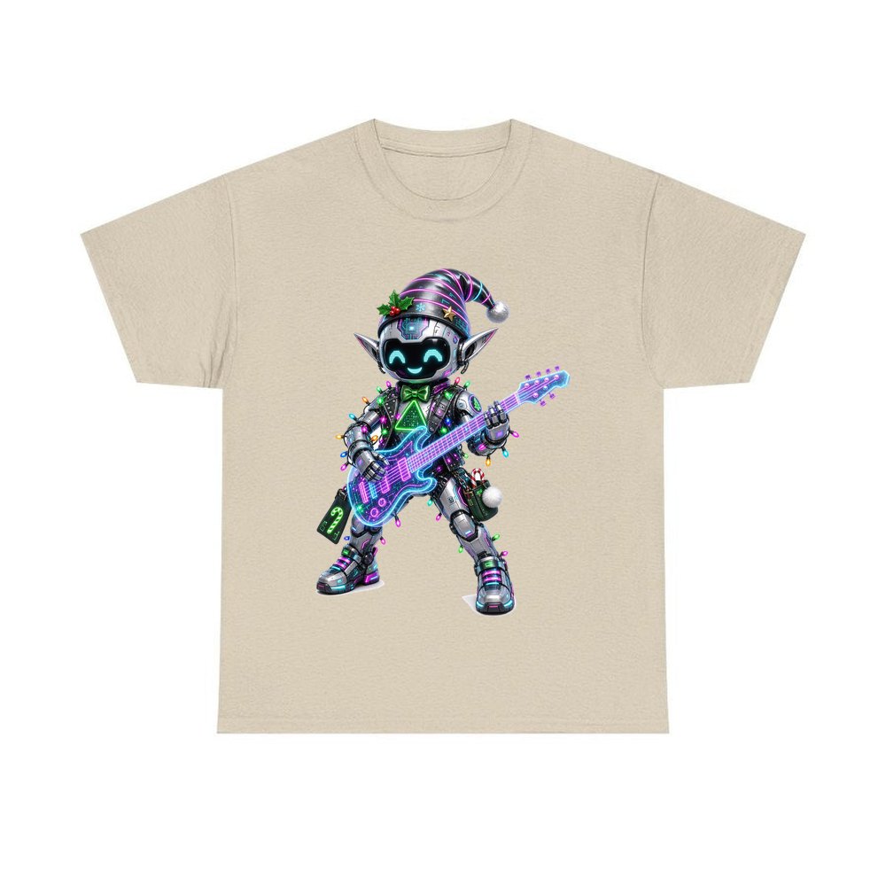 Robot Elf on Guitar personalised Christmas T-shirt in sand