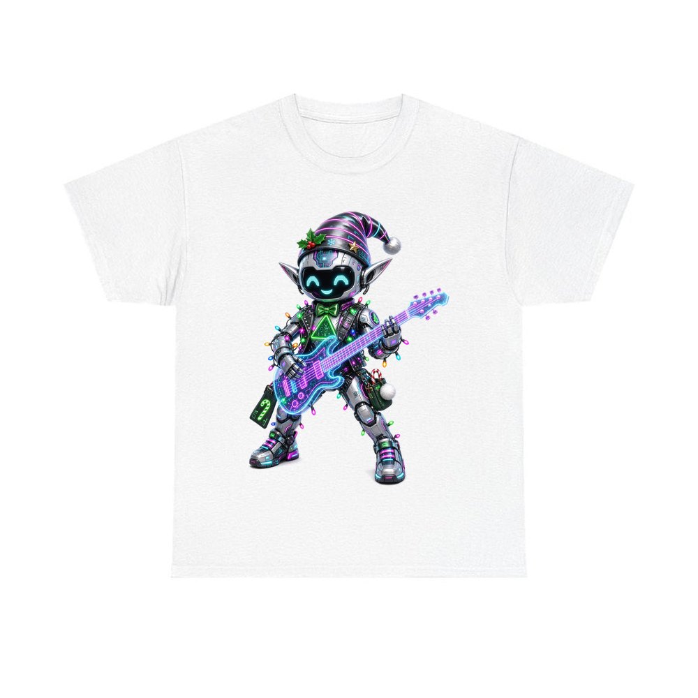Robot Elf on Guitar personalised Christmas T-shirt in white