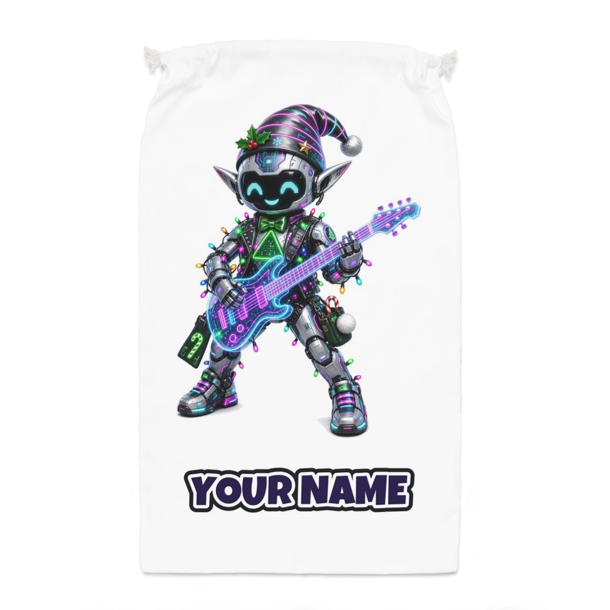Robot Elf on Guitar Santa sack laid flat, showing the full print