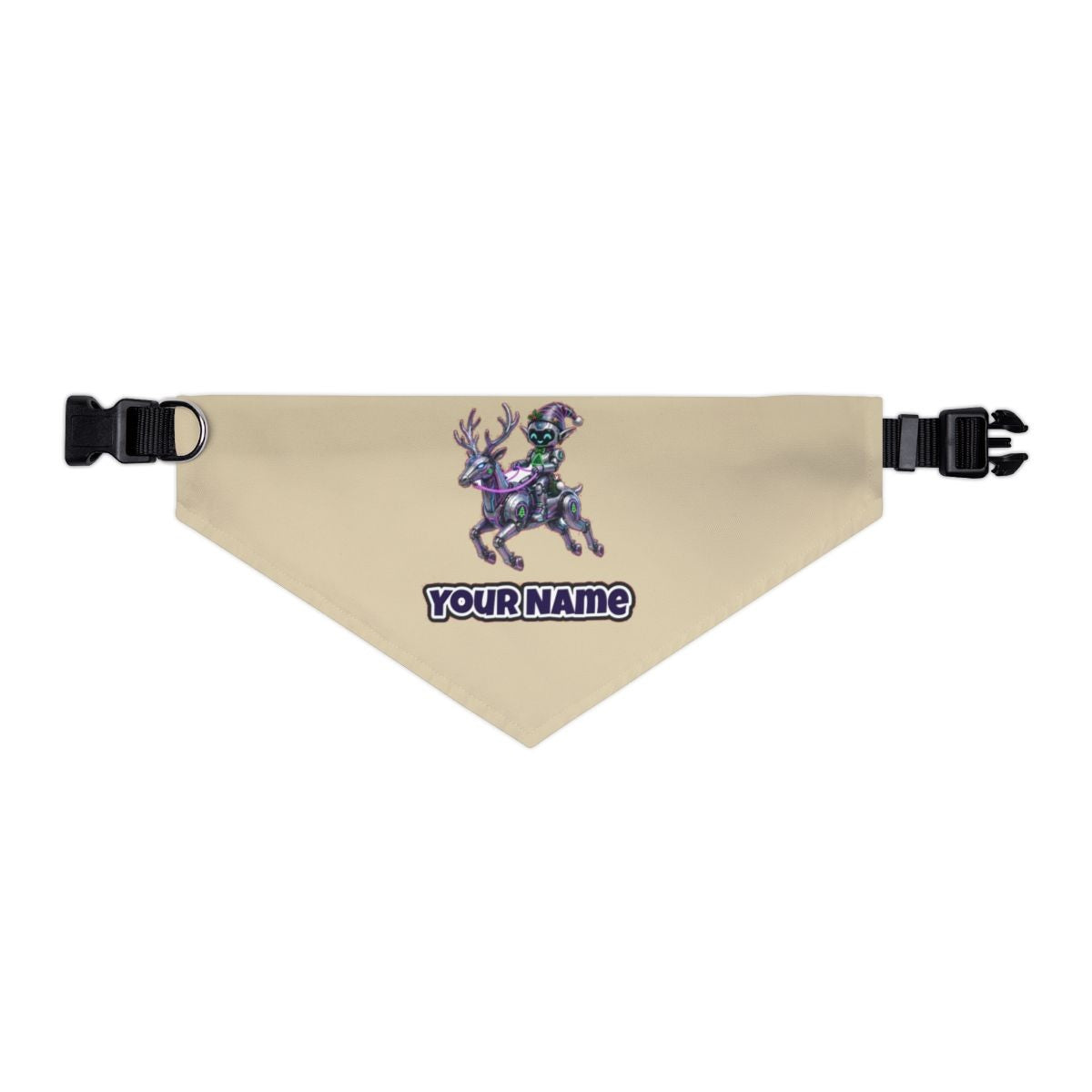 Robot Elf Riding Shotgun personalised Christmas pet bandana in beige, collar with buckle
