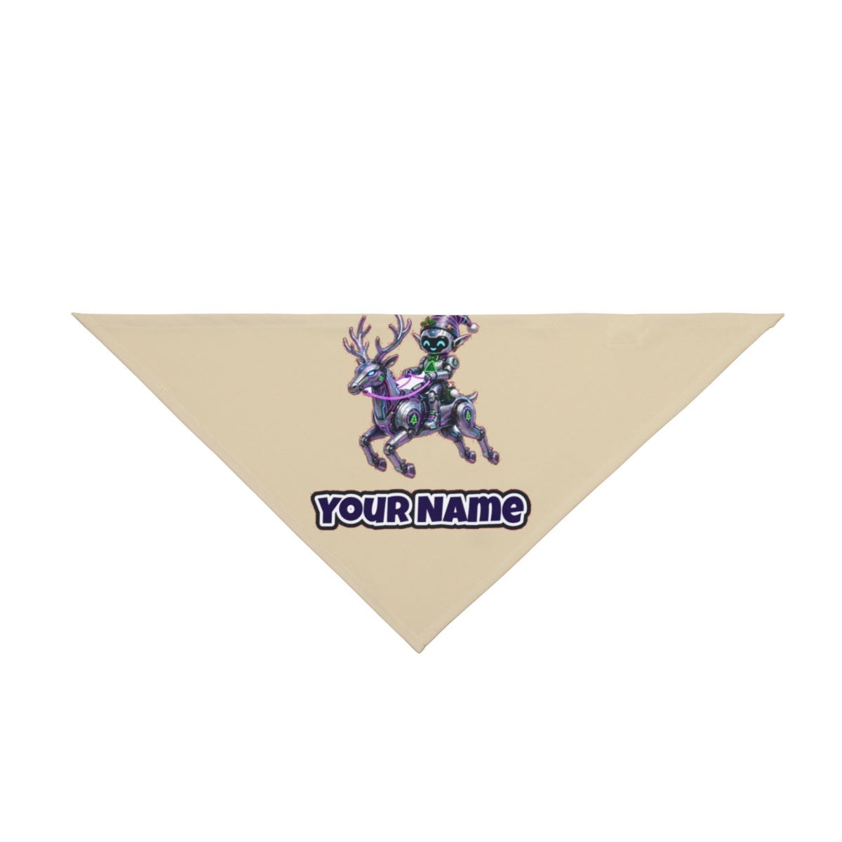 Robot Elf Riding Shotgun personalised Christmas pet bandana in beige, tie-on style