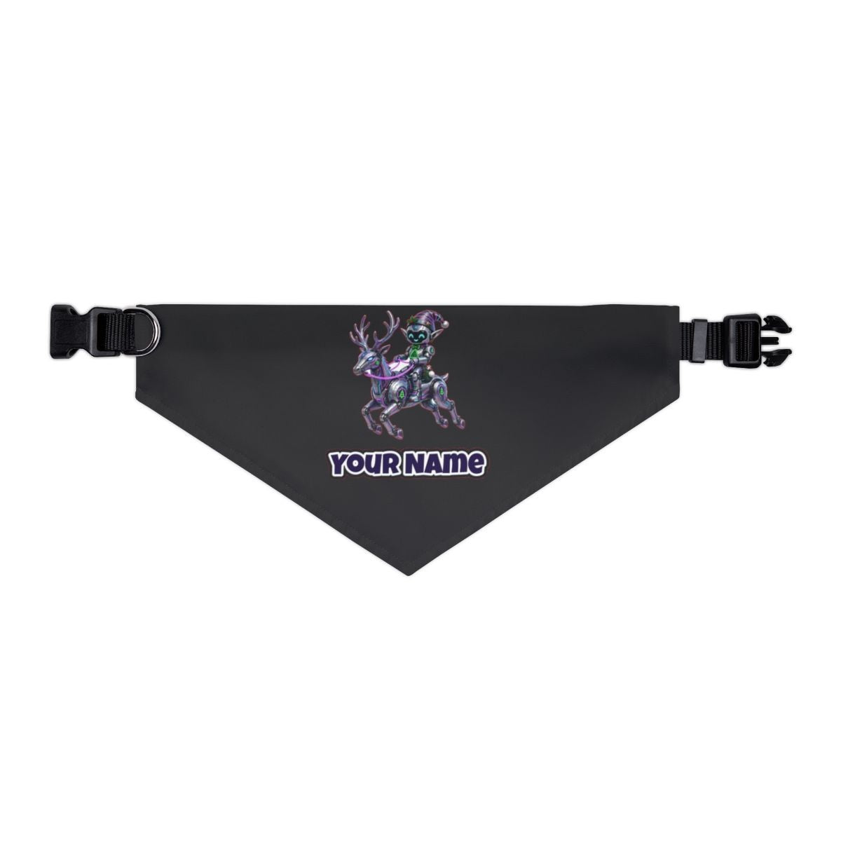 Robot Elf Riding Shotgun personalised Christmas pet bandana in black, collar with buckle