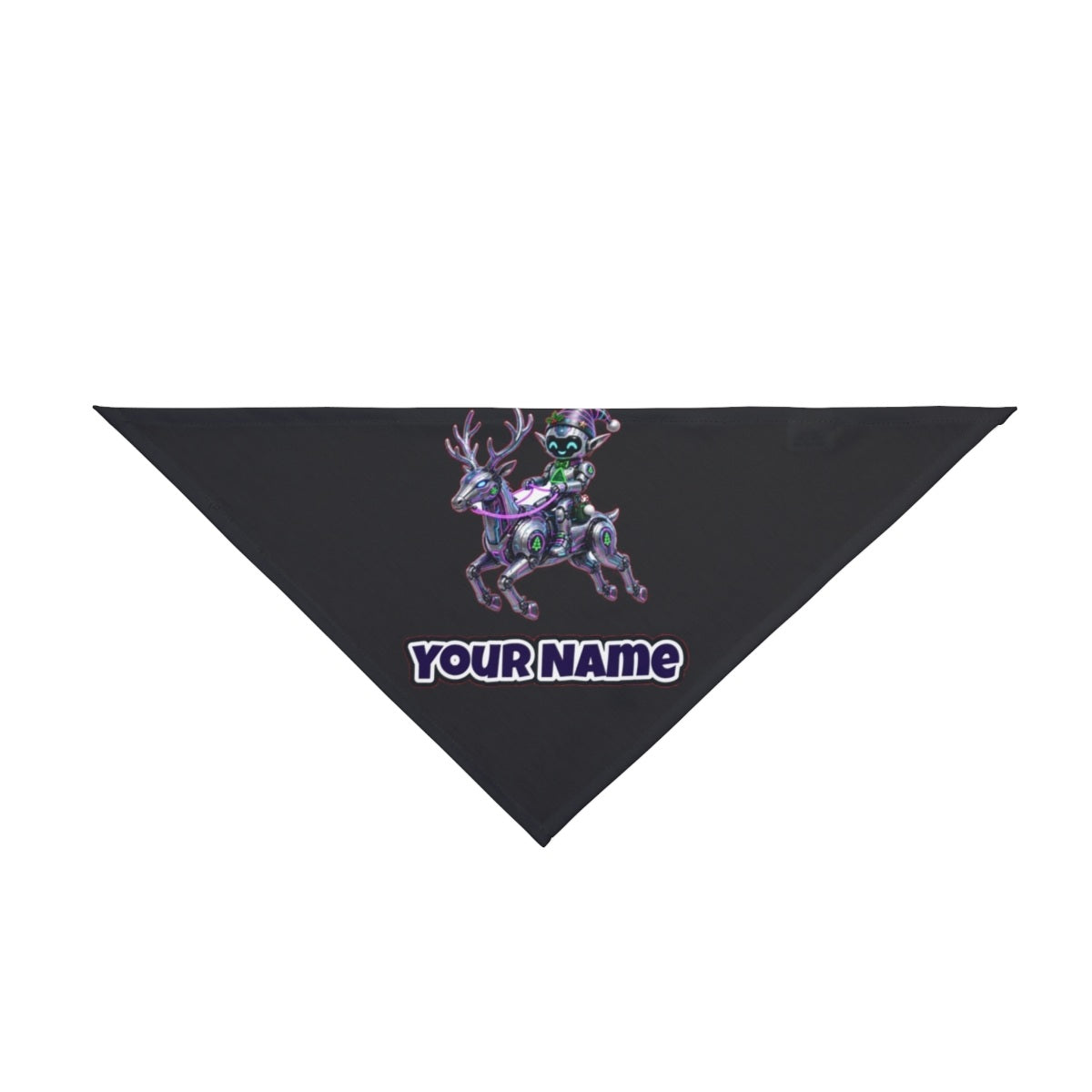 Robot Elf Riding Shotgun personalised Christmas pet bandana in black, tie-on style