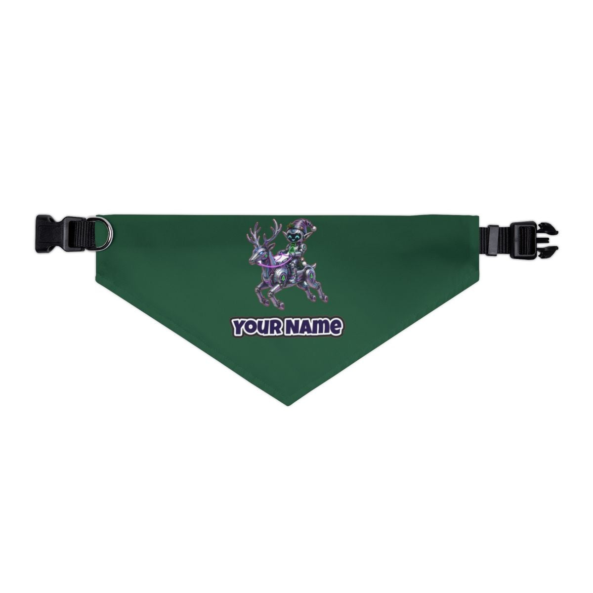 Robot Elf Riding Shotgun personalised Christmas pet bandana in green, collar with buckle