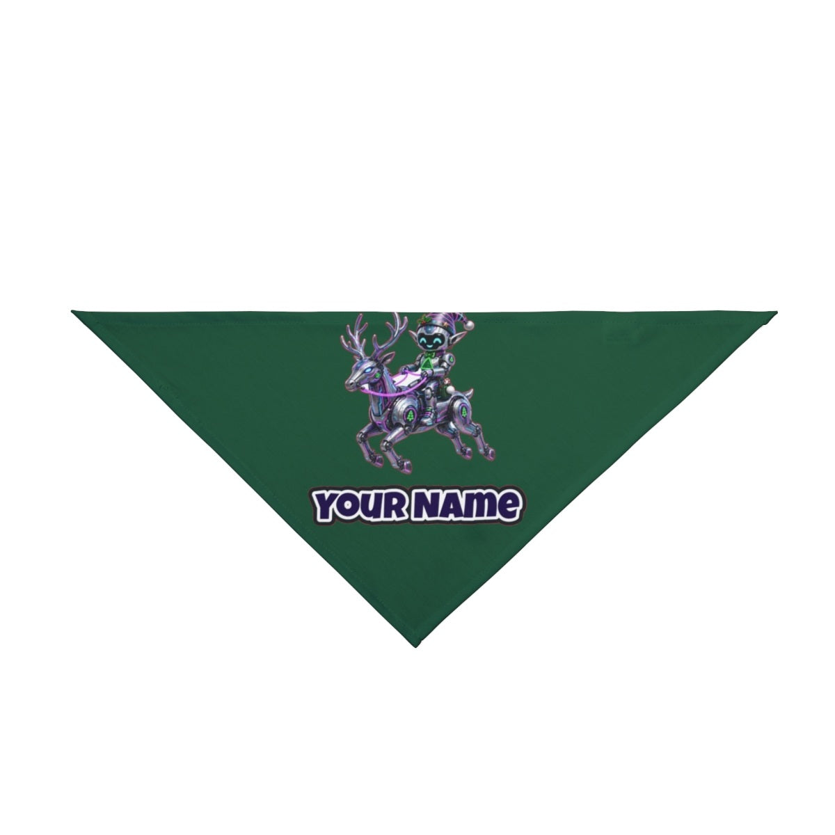 Robot Elf Riding Shotgun personalised Christmas pet bandana in green, tie-on style