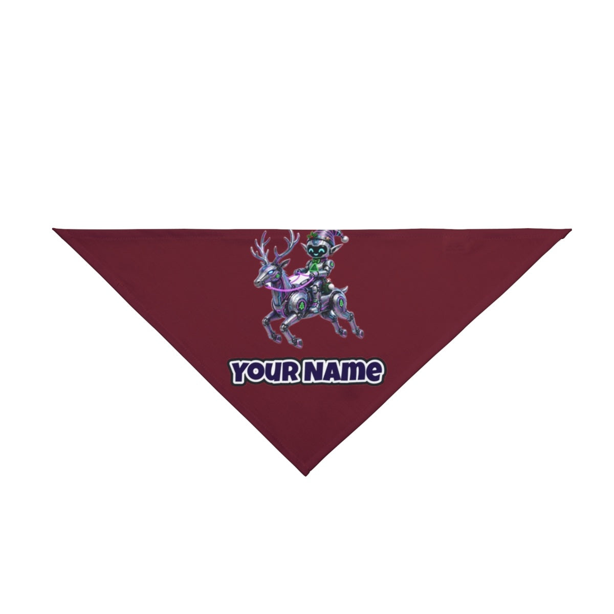 Robot Elf Riding Shotgun personalised Christmas pet bandana in maroon, tie-on style