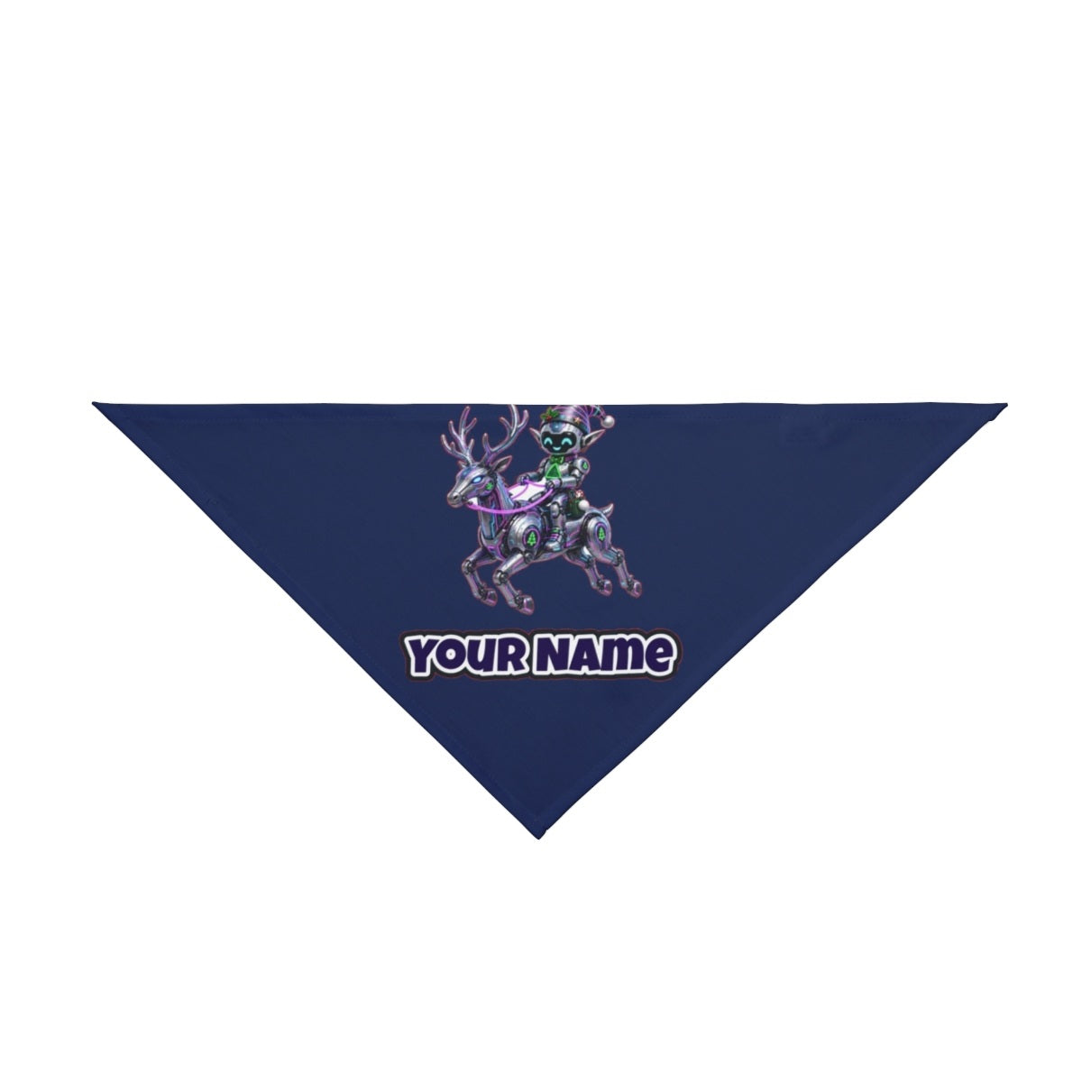 Robot Elf Riding Shotgun personalised Christmas pet bandana in navy, tie-on style