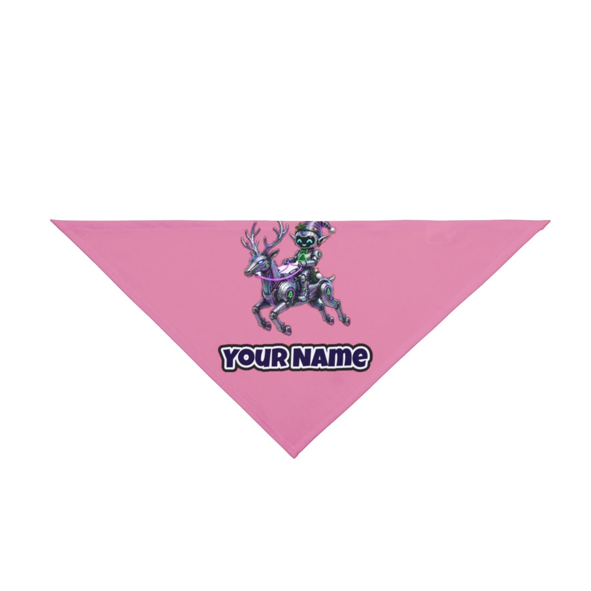 Robot Elf Riding Shotgun personalised Christmas pet bandana in pink, tie-on style
