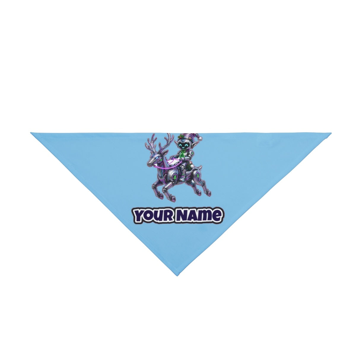 Robot Elf Riding Shotgun personalised Christmas pet bandana in sky blue, tie-on style