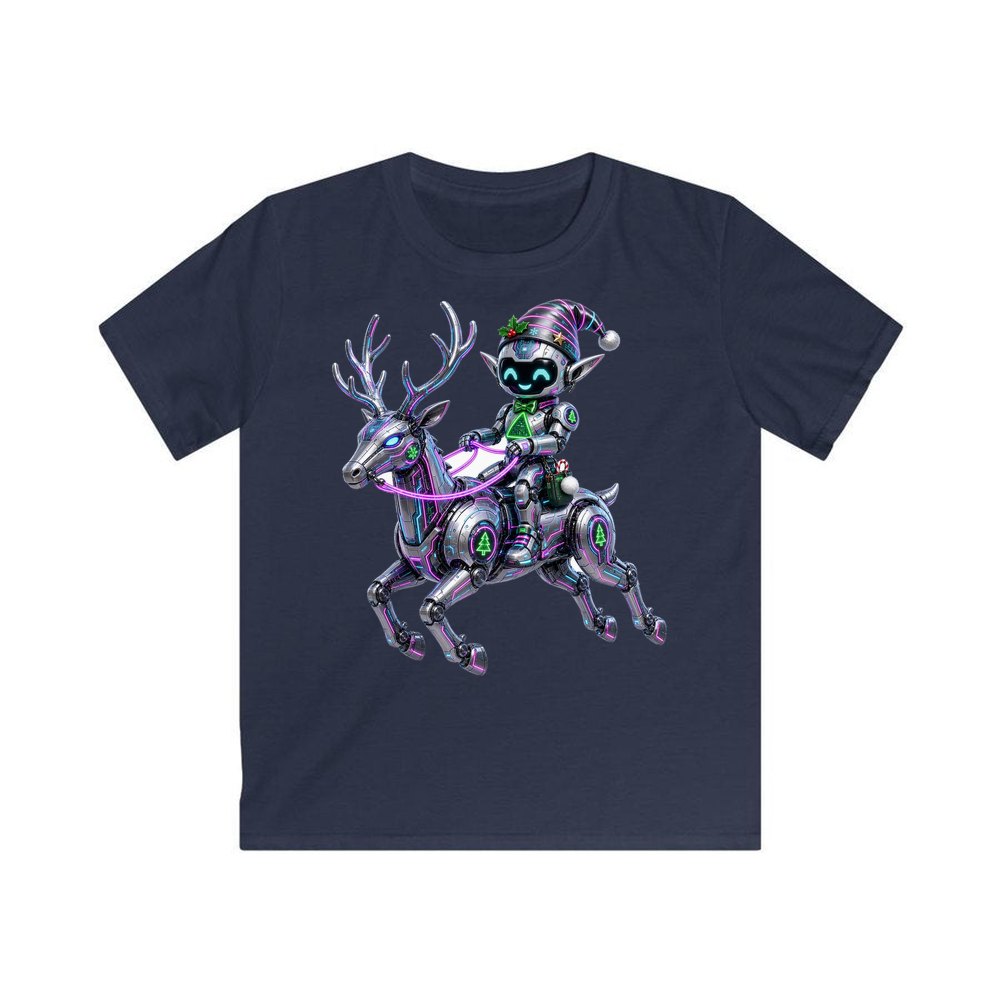Robot Elf Riding Shotgun personalised kids Christmas tee in navy