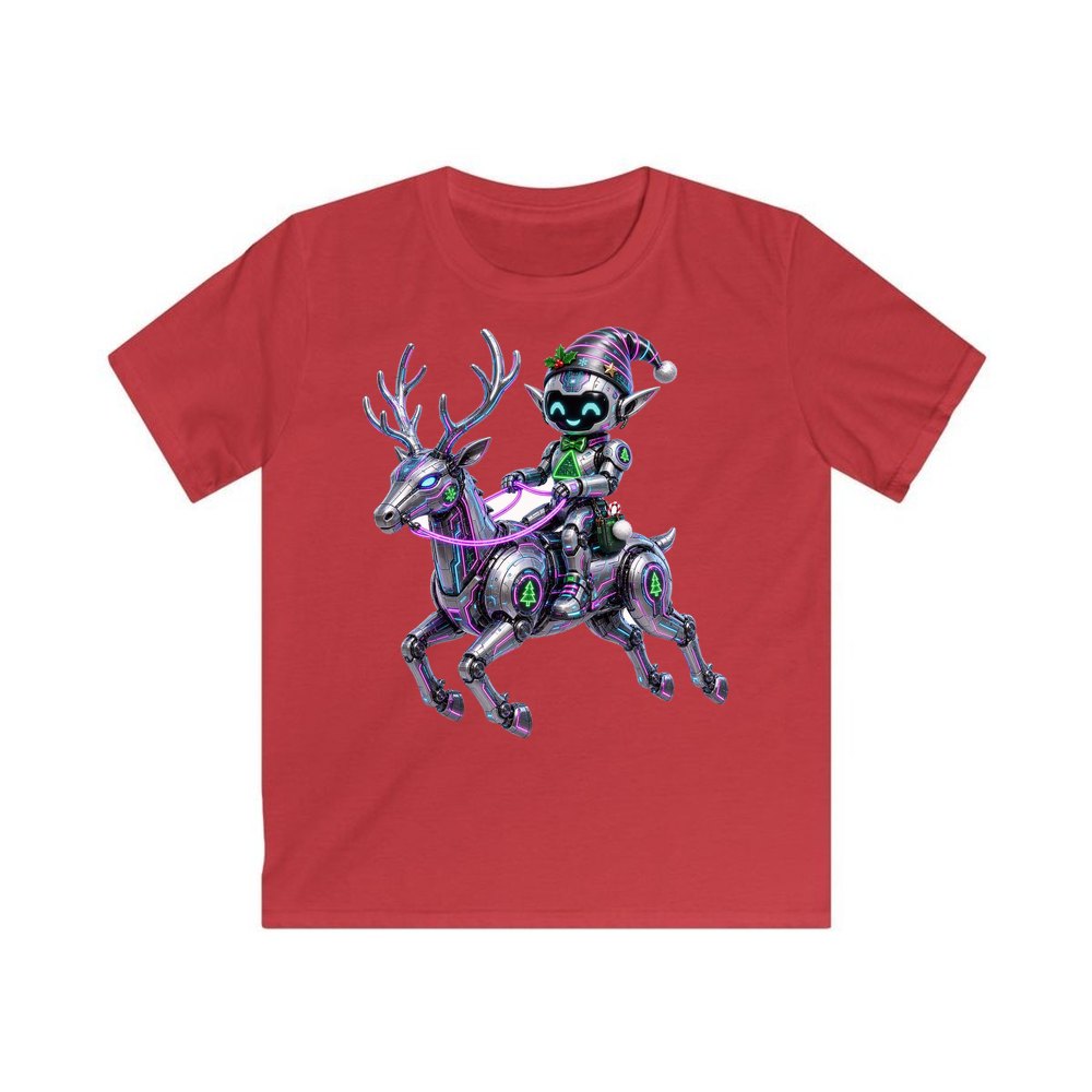 Robot Elf Riding Shotgun personalised kids Christmas tee in red