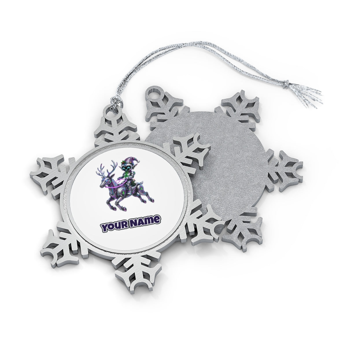 Robot Elf Riding Shotgun personalised pewter snowflake Christmas ornament, front and back, with a name under the design