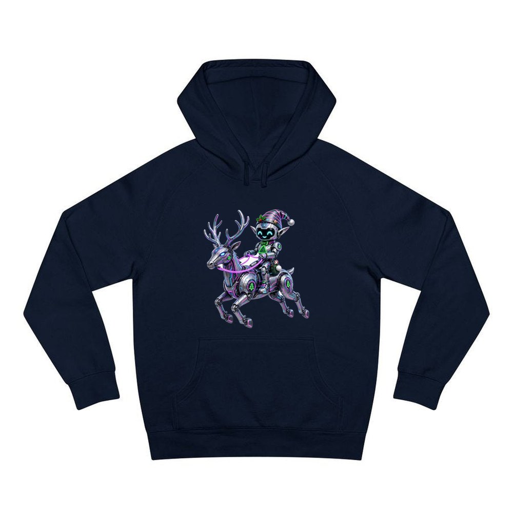 Robot Elf Riding Shotgun personalised Christmas hoodie in navy