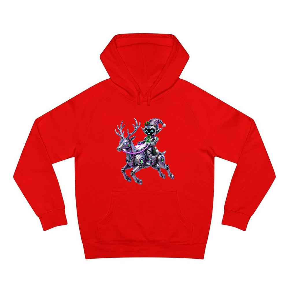 Robot Elf Riding Shotgun personalised Christmas hoodie in red