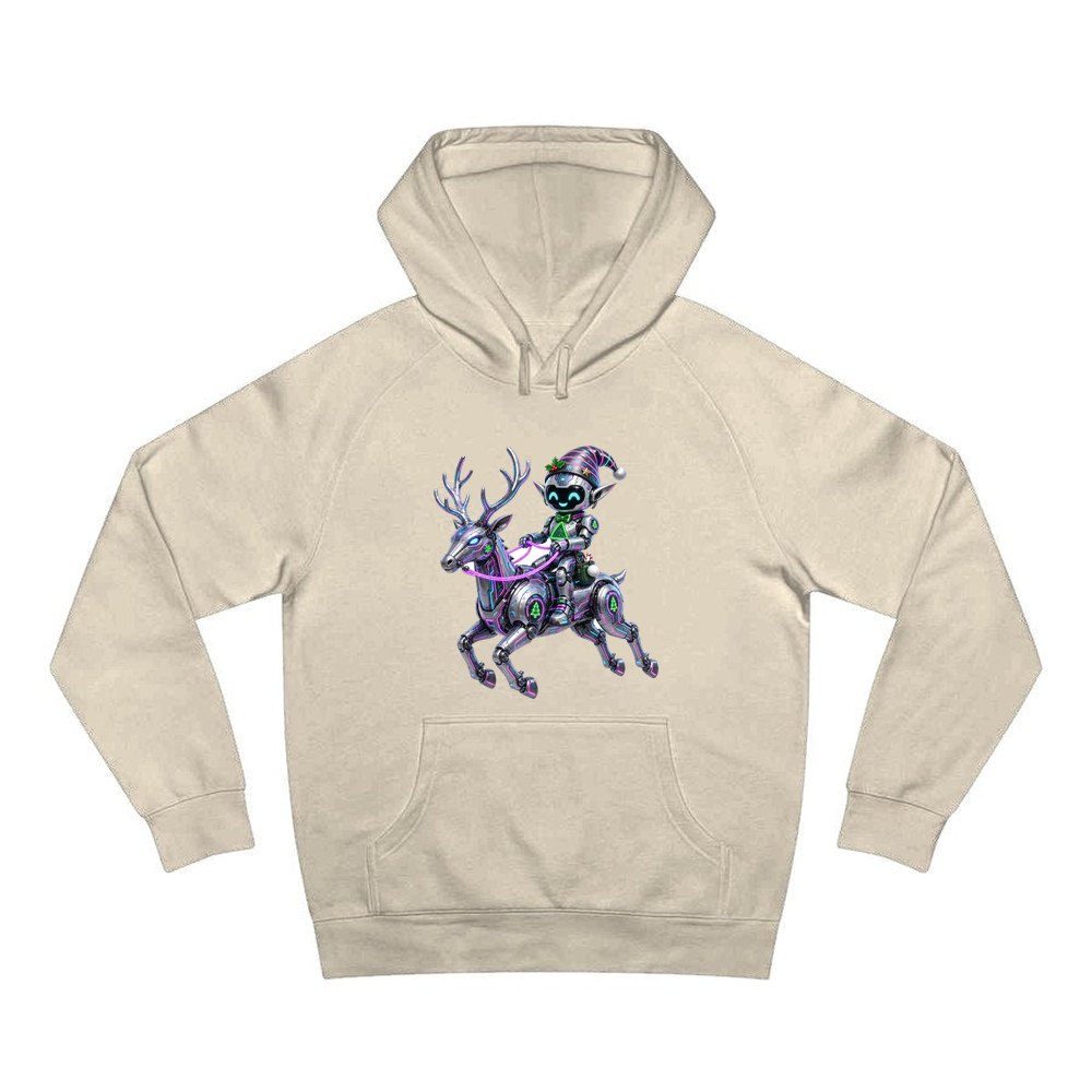 Robot Elf Riding Shotgun personalised Christmas hoodie in sand