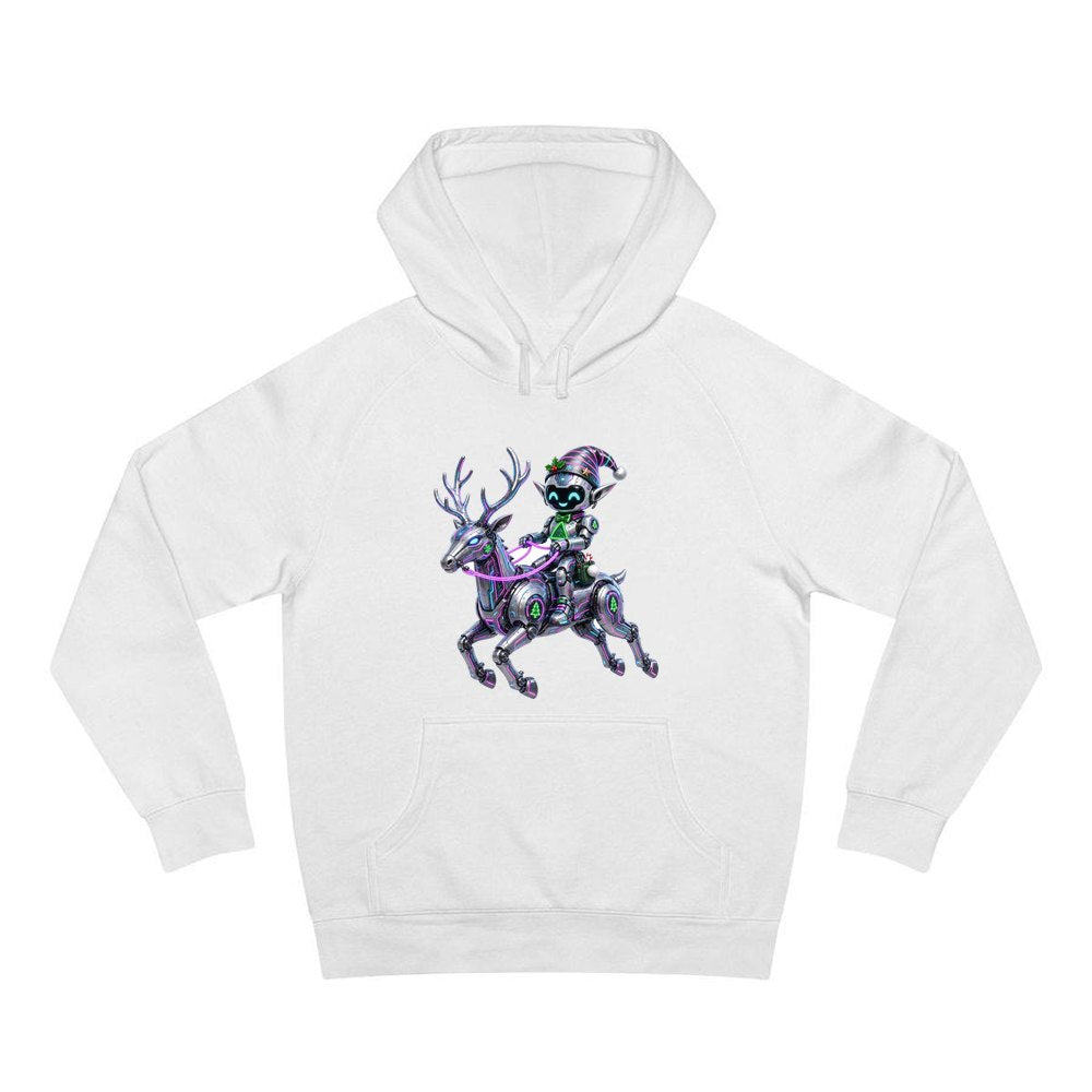 Robot Elf Riding Shotgun personalised Christmas hoodie in white