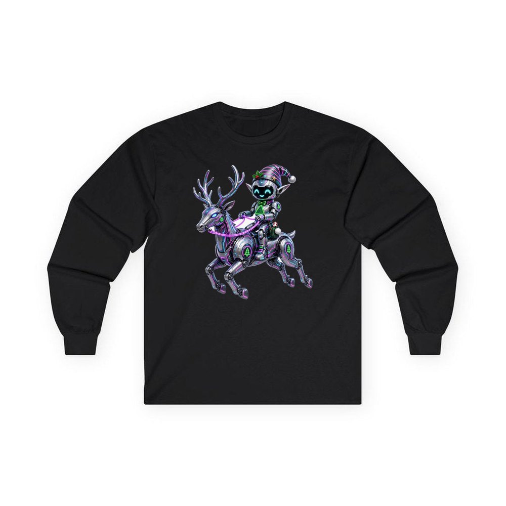 Robot Elf Riding Shotgun personalised long sleeve Christmas T-shirt in black