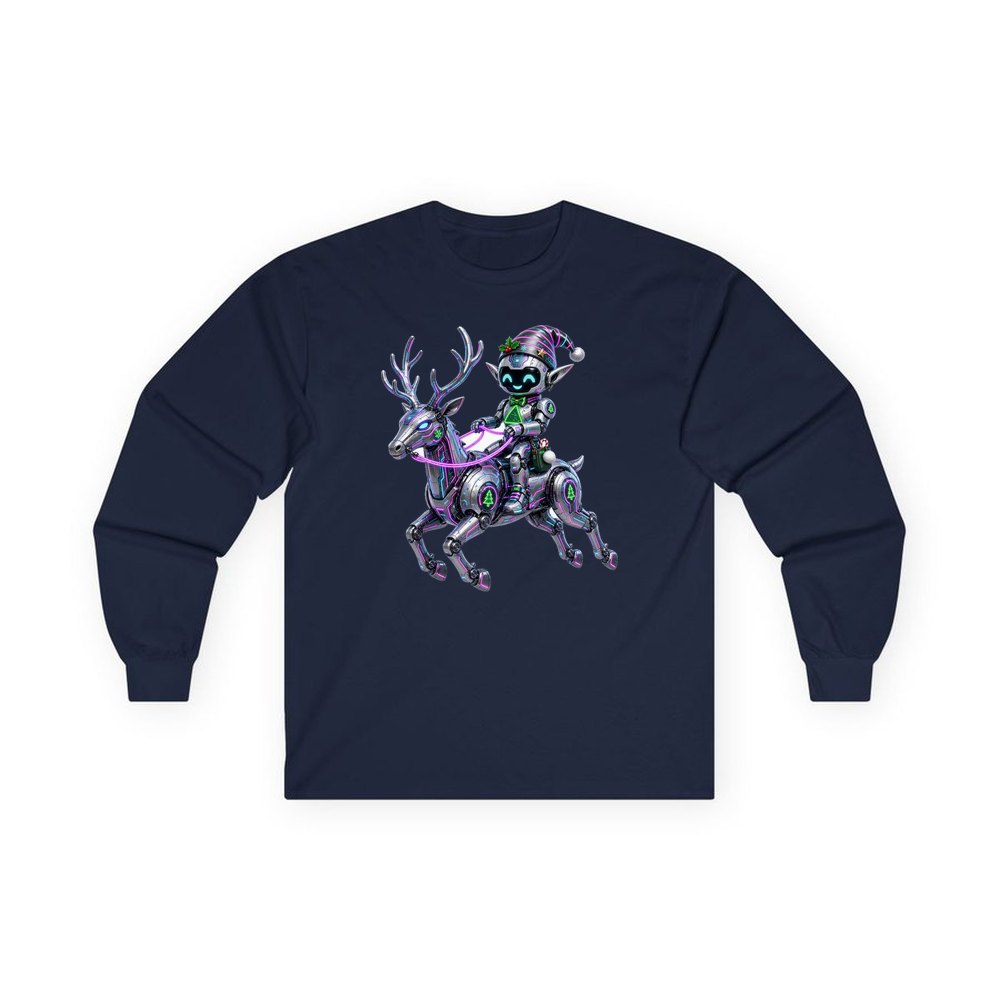 Robot Elf Riding Shotgun personalised long sleeve Christmas T-shirt in navy